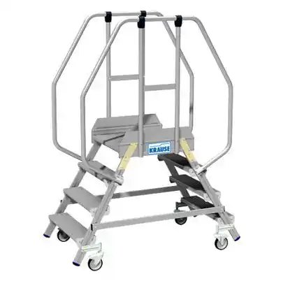 Dobbel plattformtrapp i aluminium med 2x4 trinn, rekkverk og fire hjul