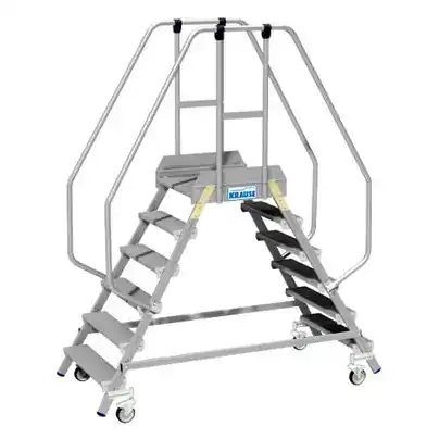 Dobbel plattformtrapp i aluminium med 2x6 trinn, rekkverk og fire hjul
