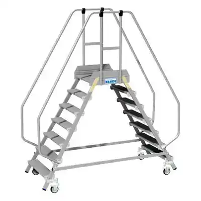 Dobbel plattformtrapp i aluminium med 2x7 trinn, rekkverk og fire hjul