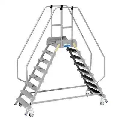 Dobbel plattformtrapp i aluminium med 2x8 trinn, rekkverk og fire hjul