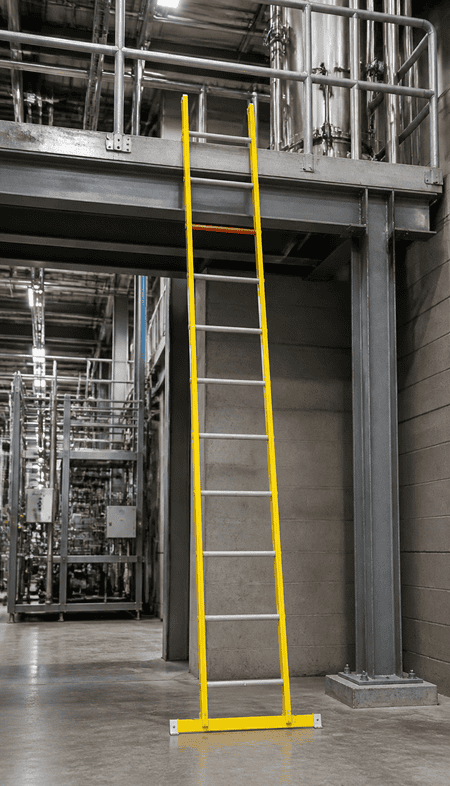 FH glassfiberstige enkel, gul, satt mot en stålbjelke i en industrihall
