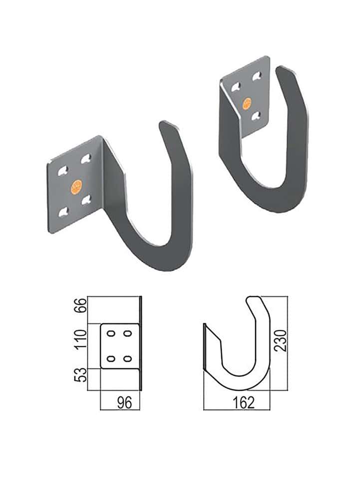 Målskisse av stigekrok: krok 230 x 162 mm, festeplate 96 mm bred