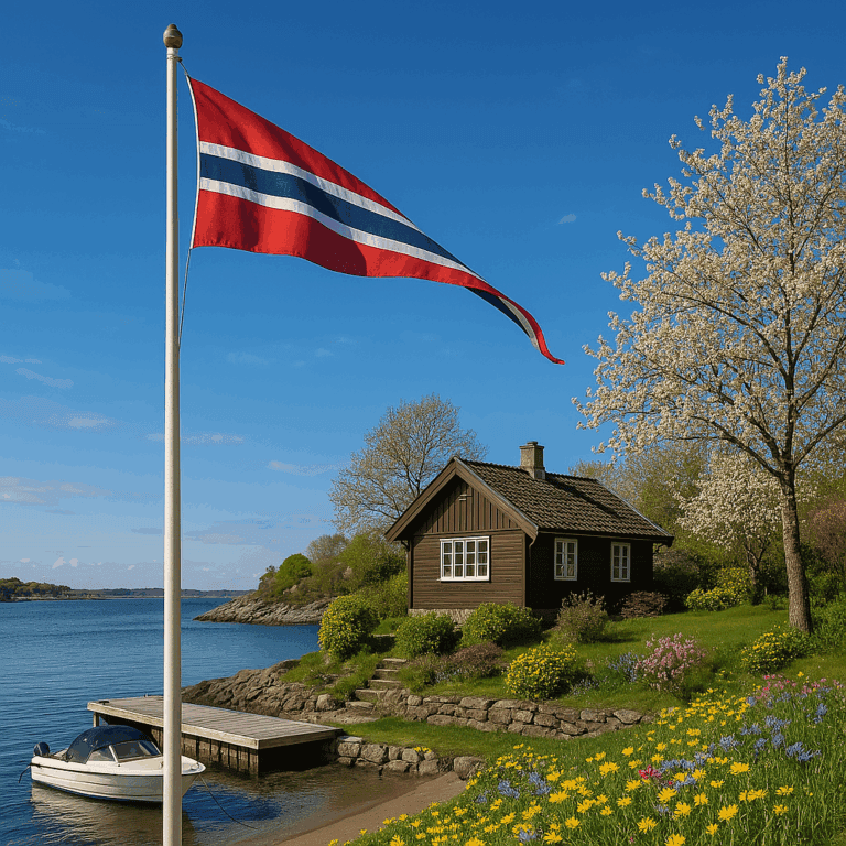 Norsk vimpel på flaggstang ved en hytte ved vannet